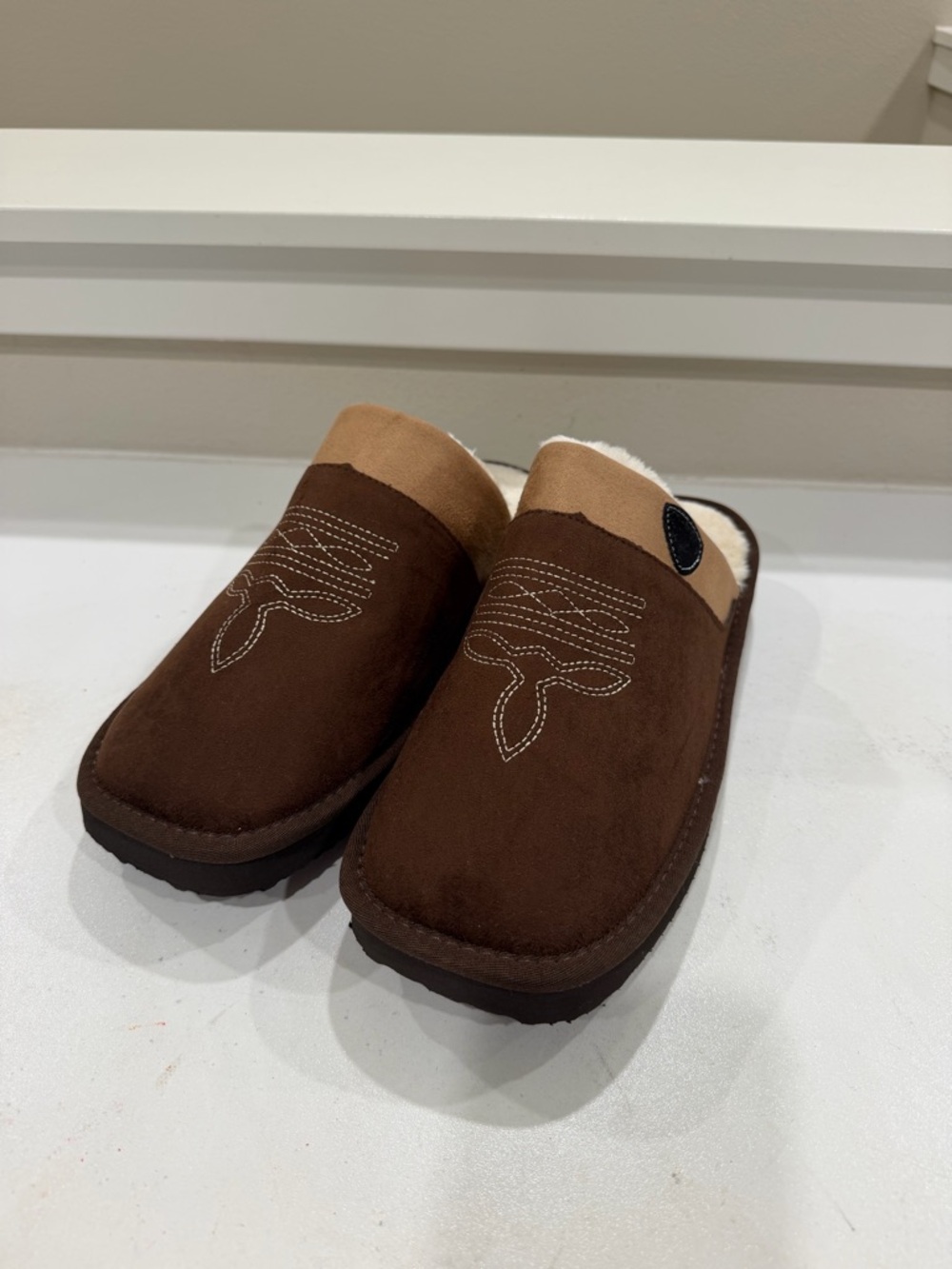 Brown Suede Mule Slippers with Cream Trim